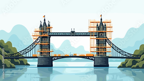 Majestic old bridge scaffolded for repair framed by green mountains