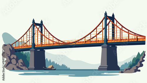 Suspended old bridge scaffolded for repair above tranquil river