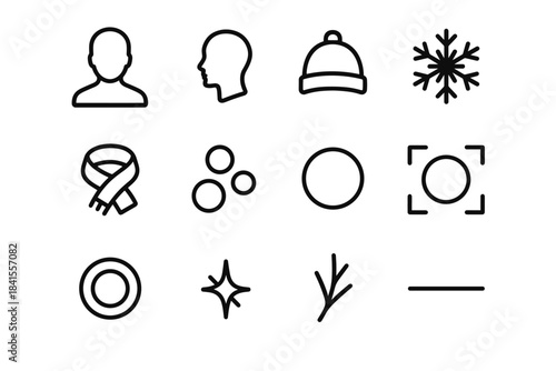 Cozy Winter Icons. Cozy portrait snow scene. Line outline icon set of Cozy portrait snow scene: head