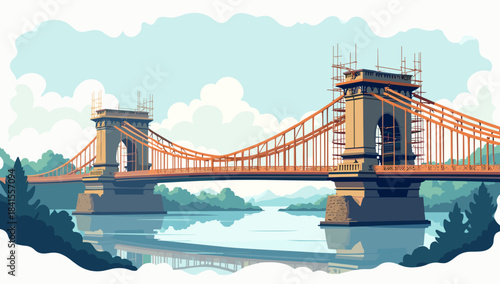 Elegant suspension old bridge scaffolded for repair over calm water