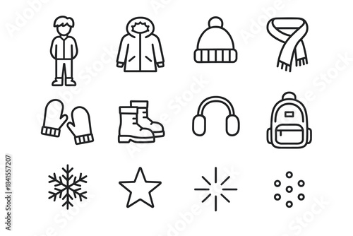 Youth Winter Fashion Icons. Youth winter fashion silhouettes. Line outline icon set of Youth winter fashion