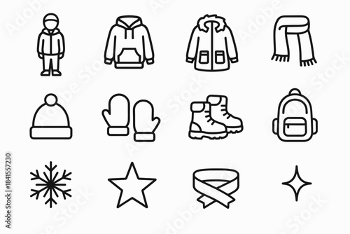 Youth Winter Outfits Icons. Modern winter youth outfits. Line outline icon set of Modern winter youth outfits: