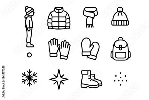Snowy Teen Style Icons. Trendy snowy teen style. Line outline icon set of Trendy snowy teen style: teen