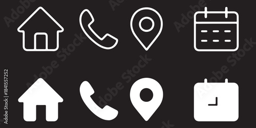 Interface icon set. Phone receiver, home, location pin, clock and calendar elements form a clean contact vector illustration. Navigation and scheduling symbol. Call and visit planning sign.