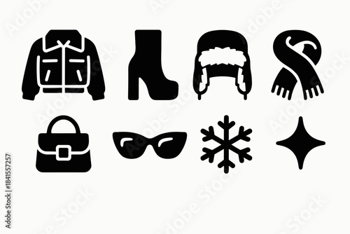 Chic Winter Icons. Chic winter streetwear. Filled icon set of chic winter streetwear: cropped jacket, platform