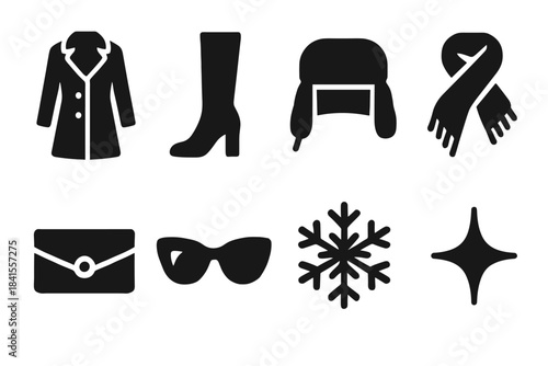 Winter Fashion Icons. Winter runway street style. Filled icon set of winter runway street style: tailored coat