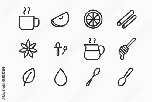 Spiced Cider Icons. Spiced apple–orange drink. Line outline icon set of Spiced apple–orange drink: cider mug,
