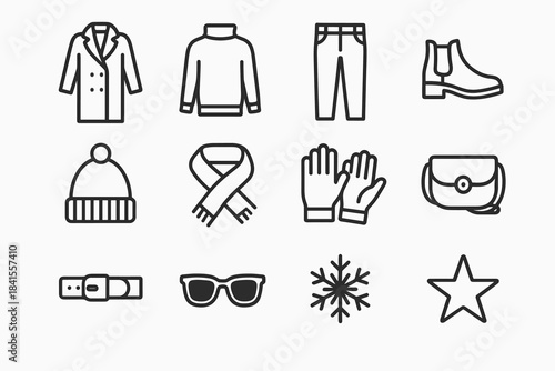 Monochrome Winter Fashion Icons. Monochrome winter fashion flats. Line outline icon set of Monochrome winter