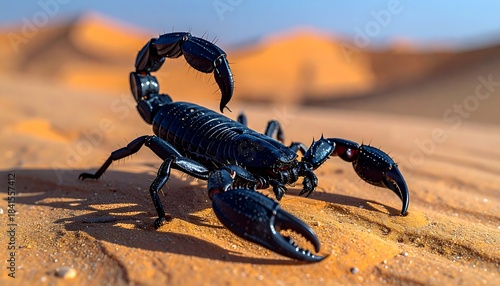 Fototapeta Naklejka Na Ścianę i Meble -  A close-up view of a black scorpion resting on textured sand with sunlit dunes in the blurred background