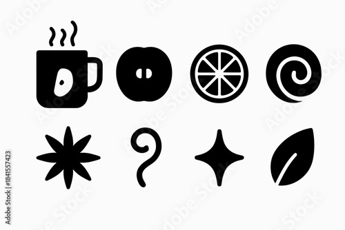 Hot Drink Icons. Hot apple citrus drink. Filled icon set of hot apple citrus drink: hot mug, apple ring,