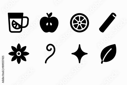 Cider Citrus Icons. Cider and citrus mix. Filled icon set of cider and citrus mix: glass mug, apple half,