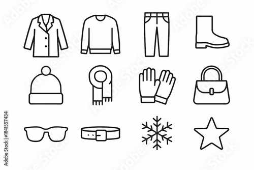 Minimalist Winter Icons. Minimalist winter lookbook. Line outline icon set of Minimalist winter lookbook: coat