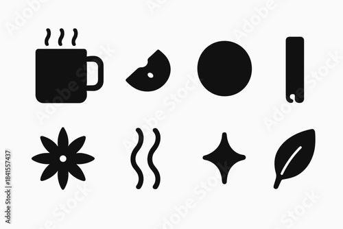 Cozy Cider Icons. Cozy cider mug. Filled icon set of cozy cider mug: mug outline, apple chunk, orange circle,