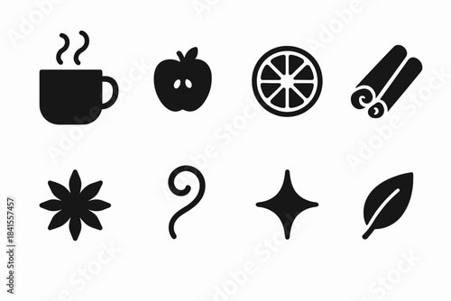 Hot Spiced Drink Icons. Hot spiced drink. Filled icon set of hot spiced drink: cup silhouette, apple slice,