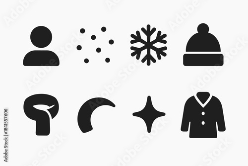 Cold Weather Icons. Cold weather portrait. Filled icon set of cold weather portrait: person silhouette, flurry