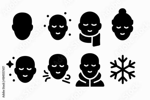 Snow Face Icon Set. Falling snow face icons. Filled icon set of falling snow face icons: silhouette head, snow