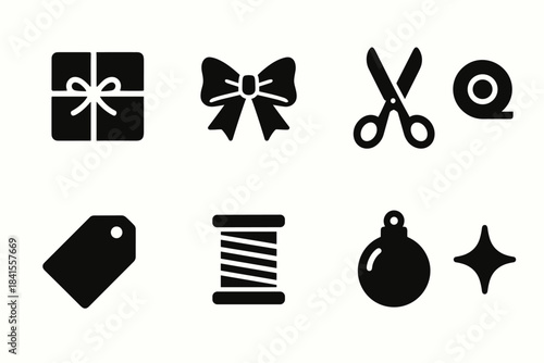 Christmas Wrapping Icons. Christmas gifts wrapping flat lay. Filled icon set of Christmas gifts wrapping flat