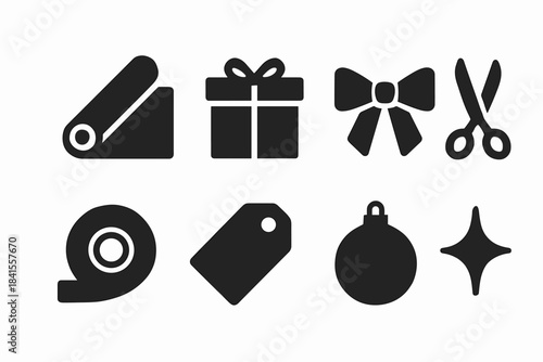 Christmas Wrapping Icons. Christmas wrap kit. Filled icon set of Christmas wrap kit: paper roll, gift box,