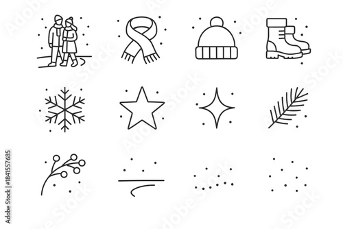 Winter Walk Icons. Winter date walk. Line outline icon set of Winter date walk: couple silhouettes, scarf,