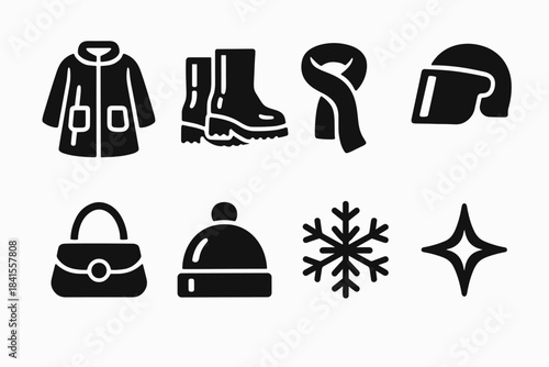 Chrome Winter Icons. Chrome winter outfits. Filled icon set of chrome winter outfits: chrome coat, metallic
