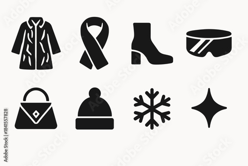 Futuristic Fashion Icons. Future metallic fashion. Filled icon set of future metallic fashion: foil coat,