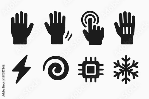 Gesture Control Glove Icons. Gesture-control gloves. Filled icon set of gesture-control gloves: glove