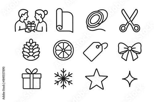 Eco Gift Icons. Eco-conscious gift prep. Line outline icon set of Eco-conscious gift prep: couple silhouettes,