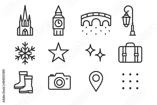 Winter Icon Set. Old-world Europe in winter. Line outline icon set of Old-world Europe in winter: cathedral