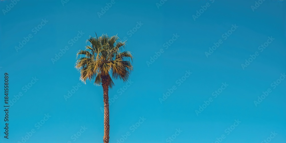 Obraz premium A painted white palm tree against a bright blue sky, seasonal landscape