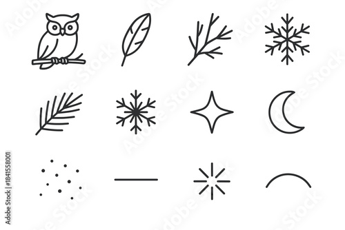Winter Owl Icons. Winter owl in tree. Line outline icon set of Winter owl in tree: owl silhouette, feathers,