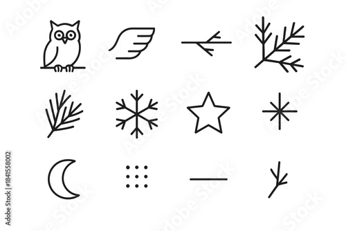 Frosty Branch Icons. Frosty branch watcher. Line outline icon set of Frosty branch watcher: owl silhouette,
