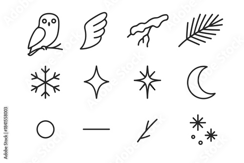 Snowy Owl Icons. Snowy owl perch. Line outline icon set of Snowy owl perch: owl silhouette, wing outline,
