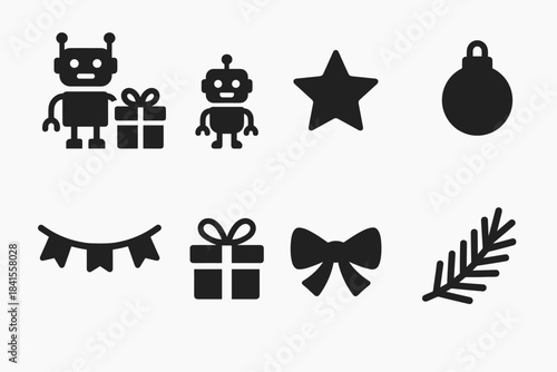 Festive Robot Icons. Festive robot family scene. Filled icon set of festive robot family scene: parent robot,