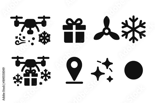 Drones Delivering Gifts. Drones delivering gifts in snowy weather. Filled icon set of drones delivering gifts