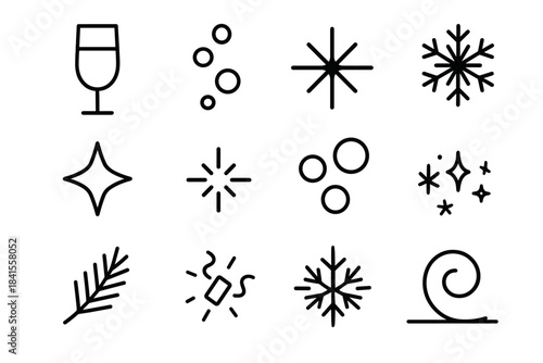 Champagne Celebration Icons. Frosty champagne scene. Line outline icon set of Frosty champagne scene: flute