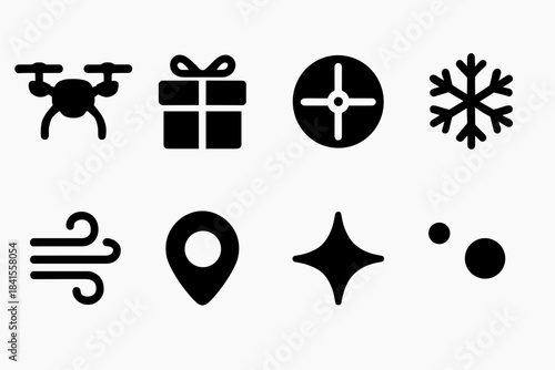 Winter Drone Icons. Winter drone courier. Filled icon set of winter drone courier: drone outline, gift parcel,