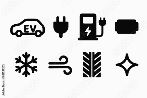 Winter EV Icons. Winter EV station. Filled icon set of winter EV station: EV car outline, charge port, station