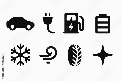 Cold-Weather EV Charging Icons. Cold-weather EV charging. Filled icon set of cold-weather EV charging: EV