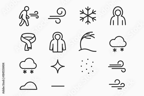 Winter Storm Icons. Winter storm silhouettes. Line outline icon set of Winter storm silhouettes: human figure,