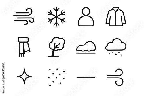 Frozen Storm Icons. Frozen storm intensity. Line outline icon set of Frozen storm intensity: wind streaks,
