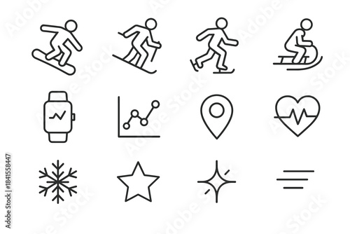 Connected Winter Sports Icons. Connected winter sports. Line outline icon set of Connected winter sports:
