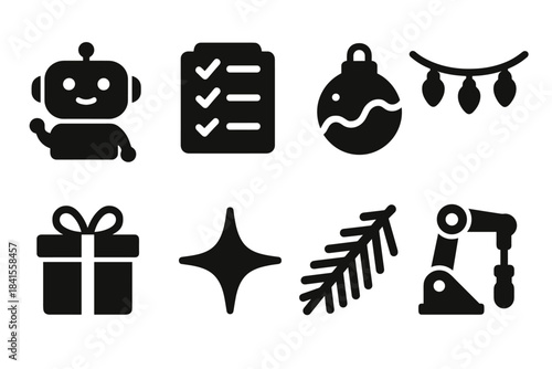 Festive AI Icons. AI assistants helping with holiday preparations. Filled icon set of AI assistants helping