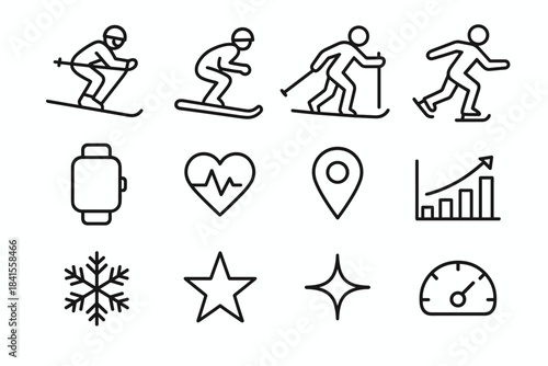 AI Winter Sports Icons. AI-enhanced winter training. Line outline icon set of AI-enhanced winter training: