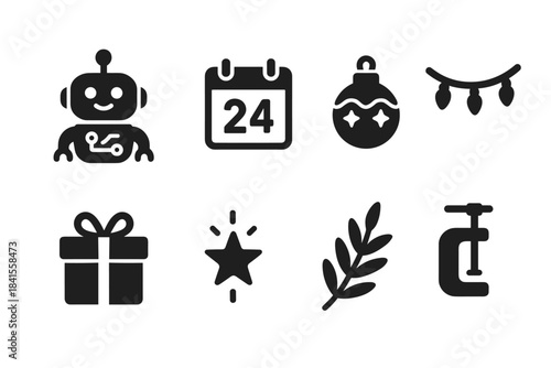 Festive AI Icons. Festive AI assistants. Filled icon set of festive AI assistants: helper bot, calendar icon,