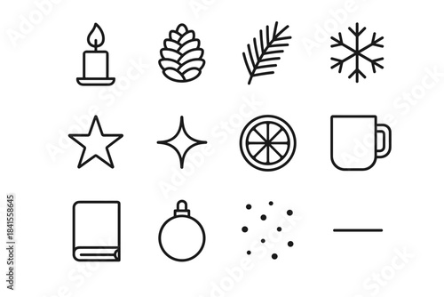 Winter Still-Life Icons. Classic winter still-life. Line outline icon set of Classic winter still-life: candle
