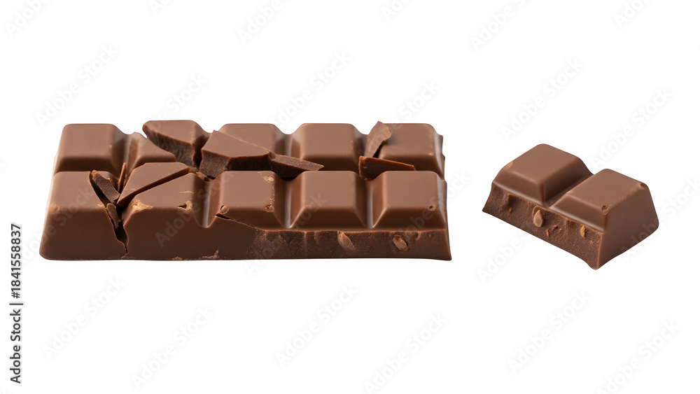 Obraz premium A broken chocolate bar with a broken piece, isolated on white or transparent background. PNG