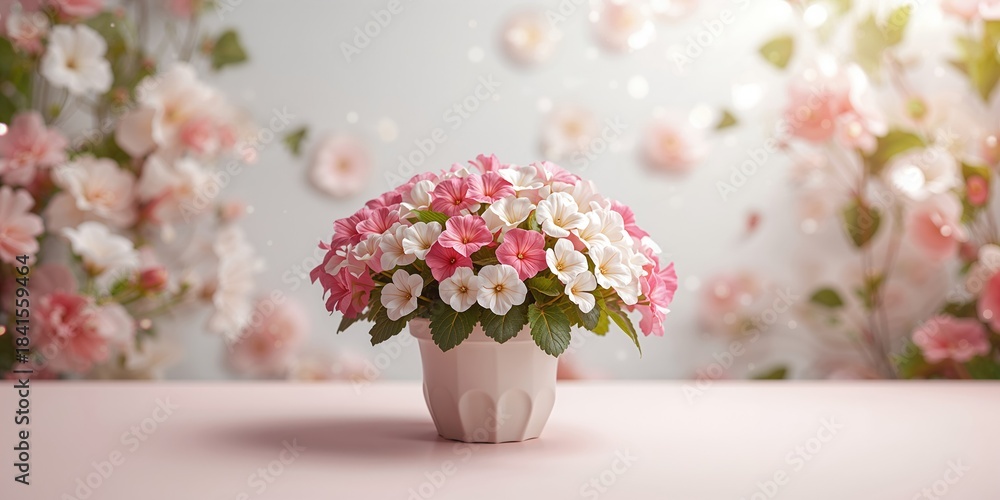 Obraz premium Close-up of blooming geranium flowers in a flower pot, highlighting gardening activity and plant health, no holiday