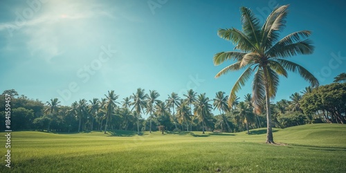 Fototapeta Naklejka Na Ścianę i Meble -  Tropical foliage including banana and palm trees in a sunny park setting, suitable for outdoor layout backgrounds