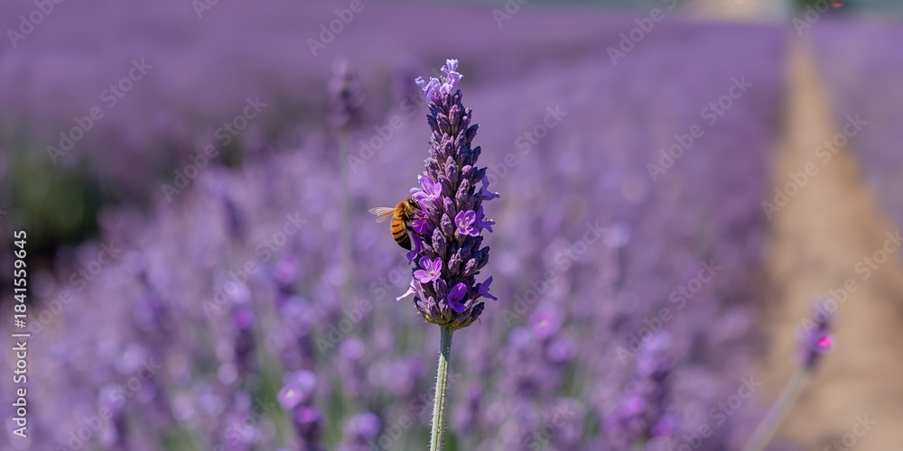 Obraz premium Pollinating bees on lavender in bright sunlight, highlighting natural plant interaction