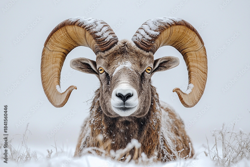 Obraz premium Majestic ram with large horns in a snowy landscape Generative AI